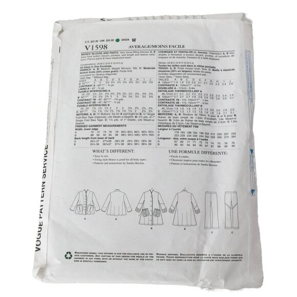 Vogue V1598 Sewing Pattern Sandra Betzina Jacket Pants Sewing Pattern UNCUT - Picture 4 of 4